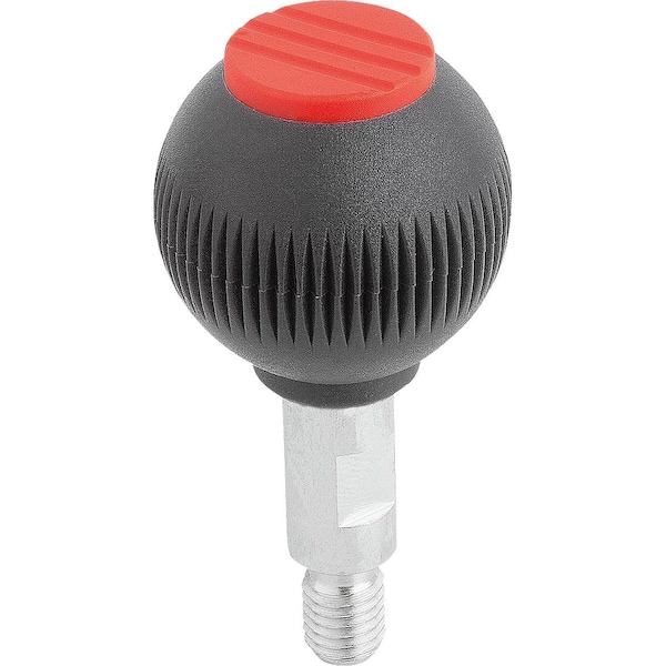 Spherical Knob Revolving Size:4, D1=50 D=M12X20, Plastic Black Ral7021, Comp:Steel, Cap:Red Ral3020